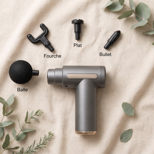 Caleva — Les 4 têtes de massage interchangeables : Fourche, Plat, Bullet, Balle